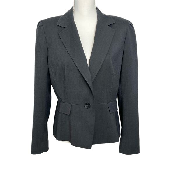 Tahari Dark Gray Cropped Blazer Button Closure Career Ruche Shoulders Size 10 - Picture 1 of 11